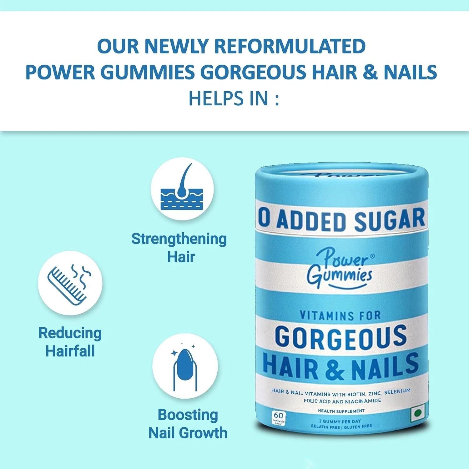 Power Gummies Biotin Hair Gummies for Stronger Shinier Hair & Nails 60 Days Pack