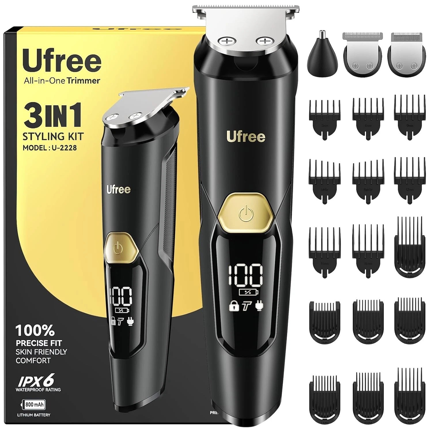 Ufree 3-In-1 Beard Trimmer for Men, IPX6 Waterproof Electric Razor Shaver, Hair