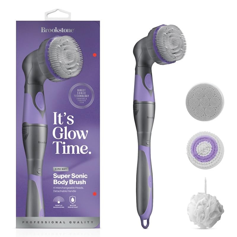 Brookstone 5 Piece Electric Body Bath Brush | Long Handled Charcoal/Purple