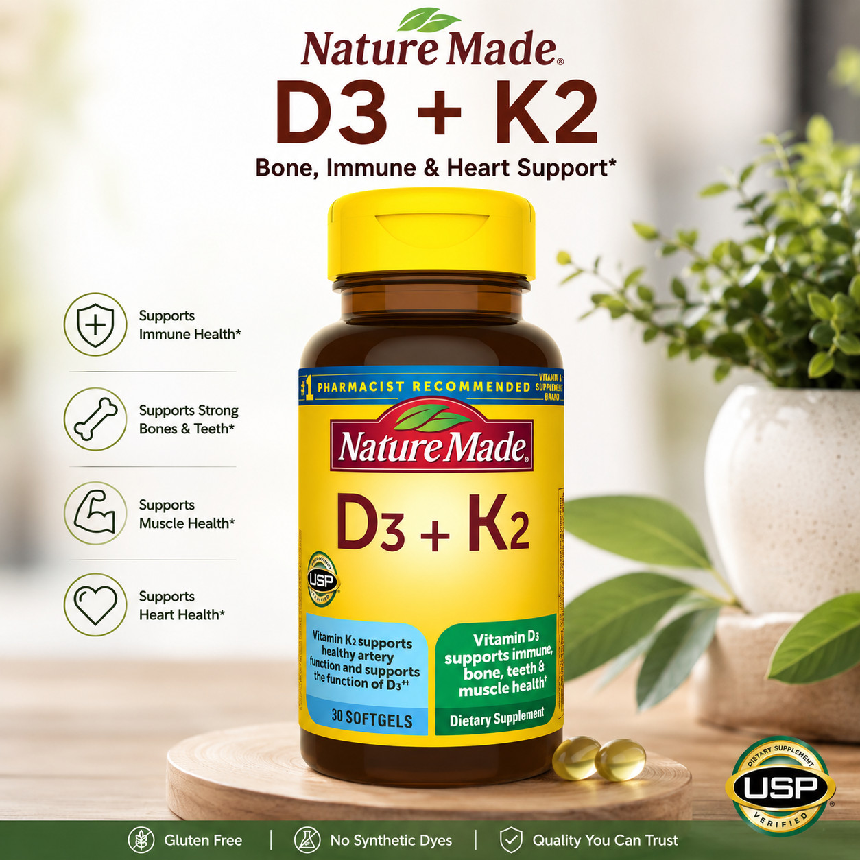 Nature Made Vitamin D3 + K2 5000 IU 30 Softgels Bone Immune Support