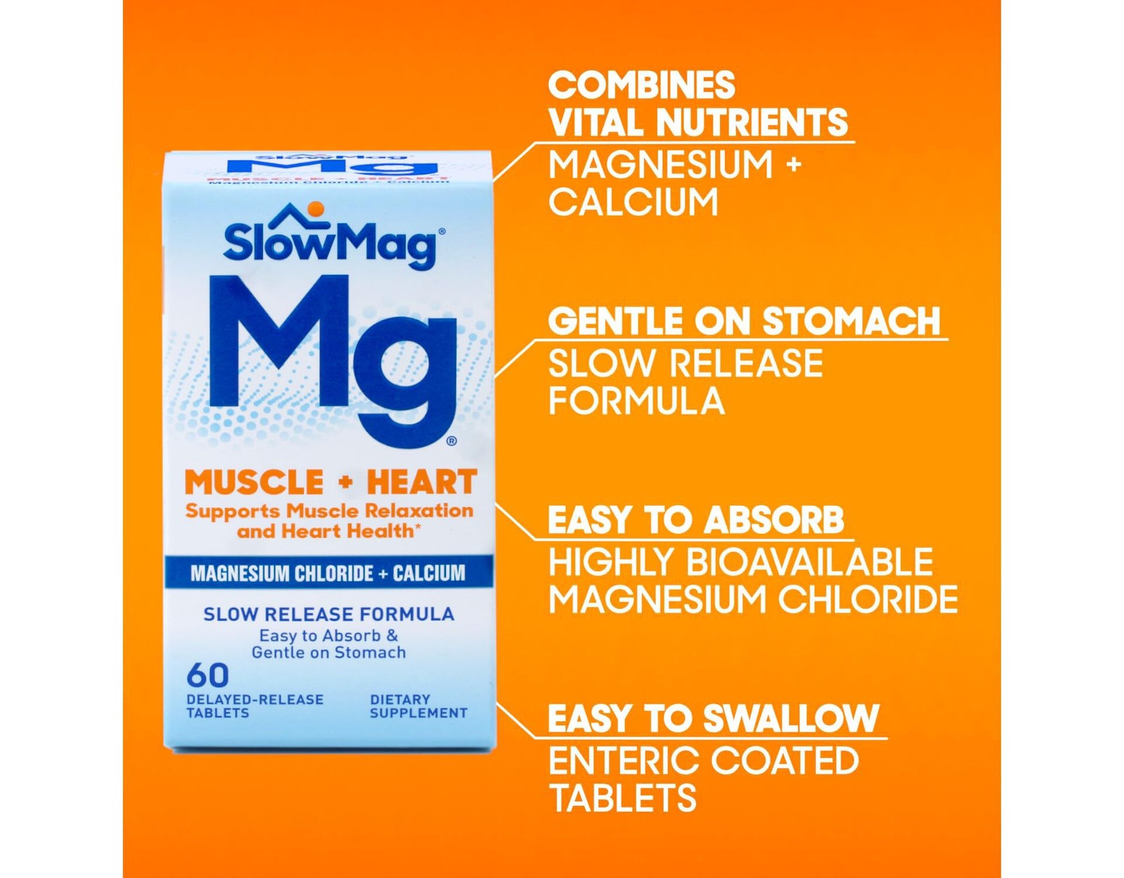 8/2026+ SlowMag Mg Muscle + Heart, Magnesium Chloride + Calcium, 60 Count