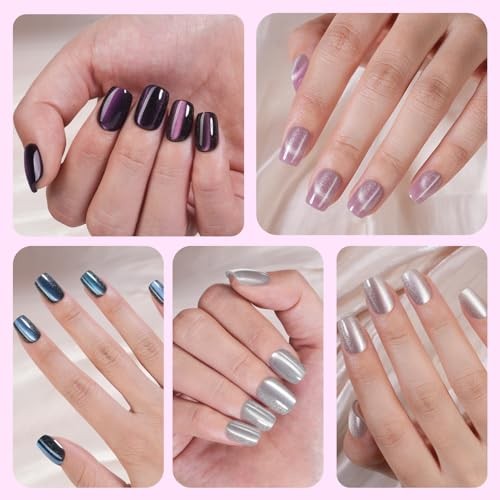 150Pcs Cat Eye Press on Nails Short Square, Plauva Soft Cat Eye-2 Short Square