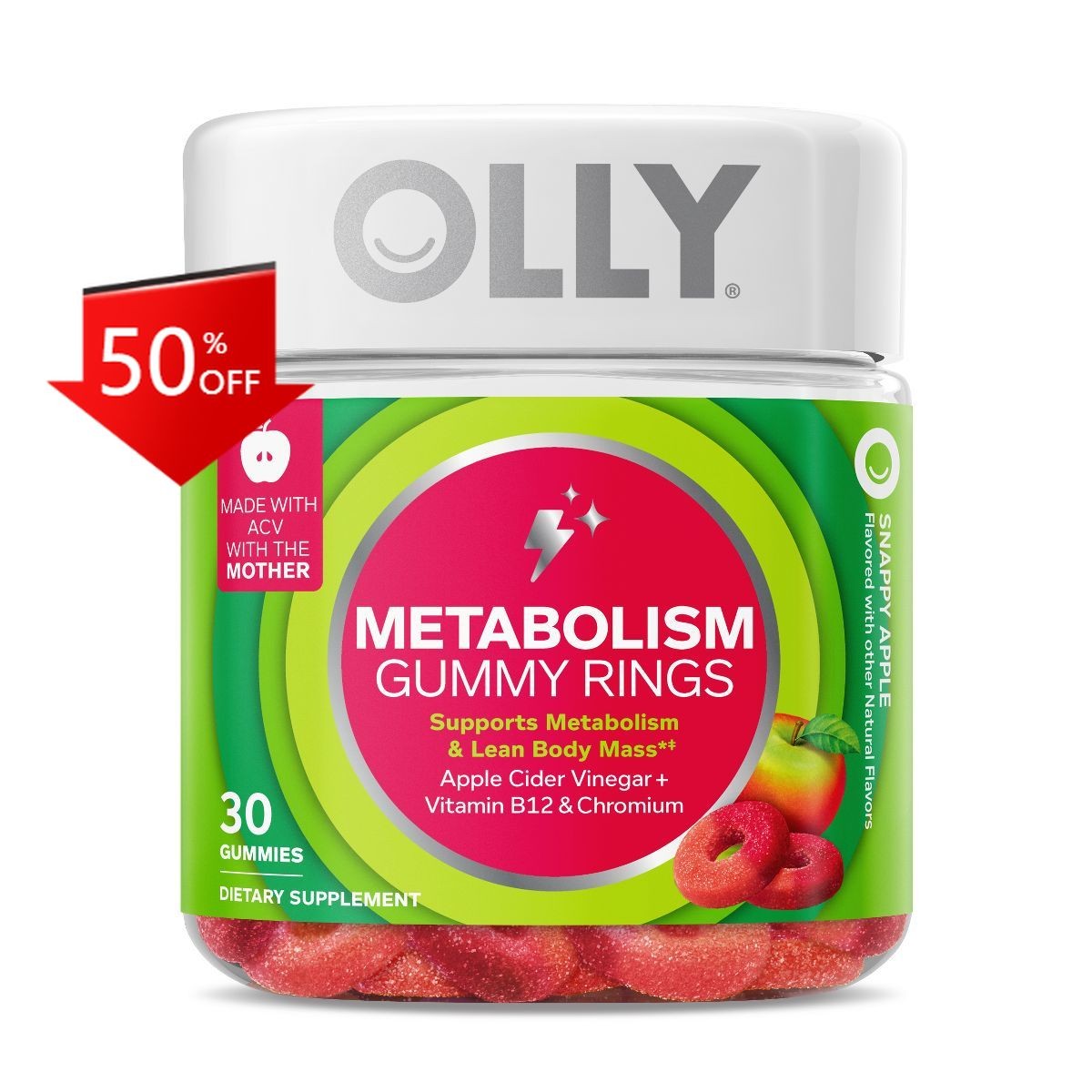 OLLY Metabolism Gummy Rings with Vinegar, Vitamin B12 & Chromium – Apple – 30ct
