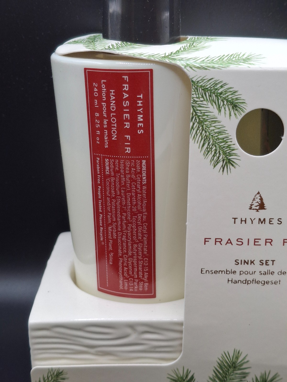 Thymes Frasier Fir Sink Set in Ceramic Caddy ~ Hand Wash & Lotion 8.25 oz ~ New