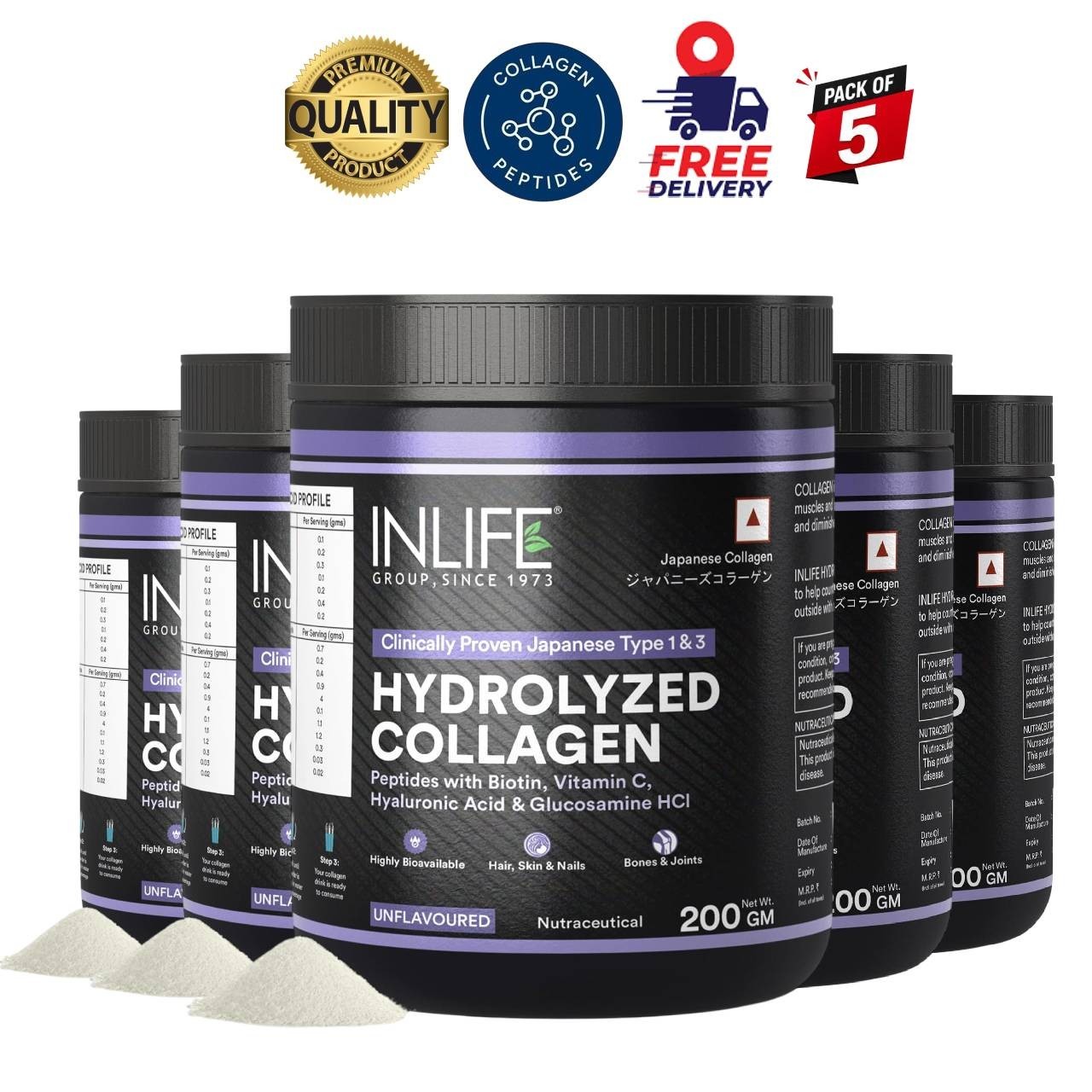 5 Pack I.nlife Collagen Peptides Powder Type 1 & 3 200g