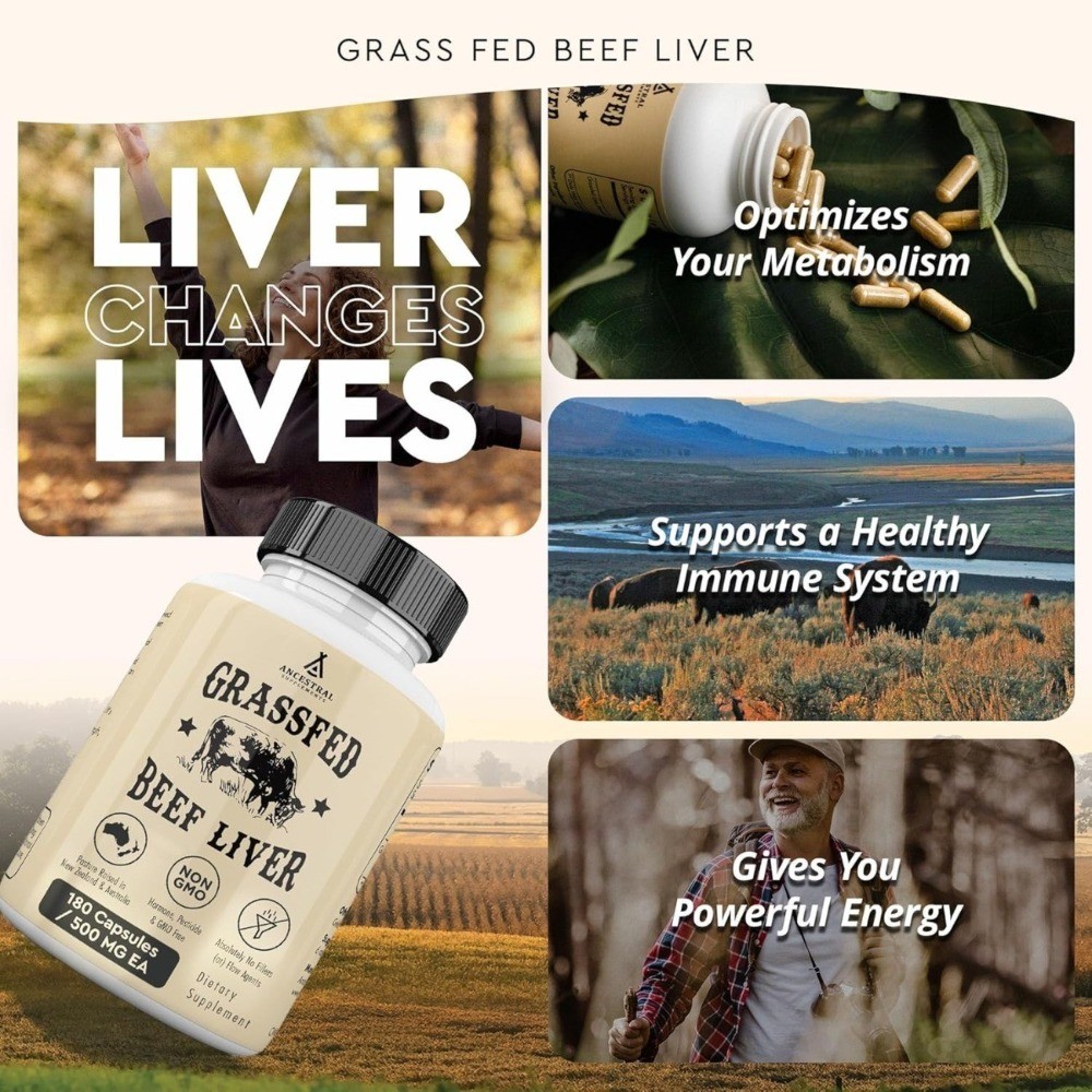 1-3 pack Ancestral Supplements Grassfed Beef Liver – 180 Capsules 500mg