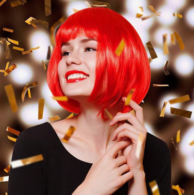 Red Short Straight Bob Wig High Temperature Synthetic Fiber Full Wig For Women