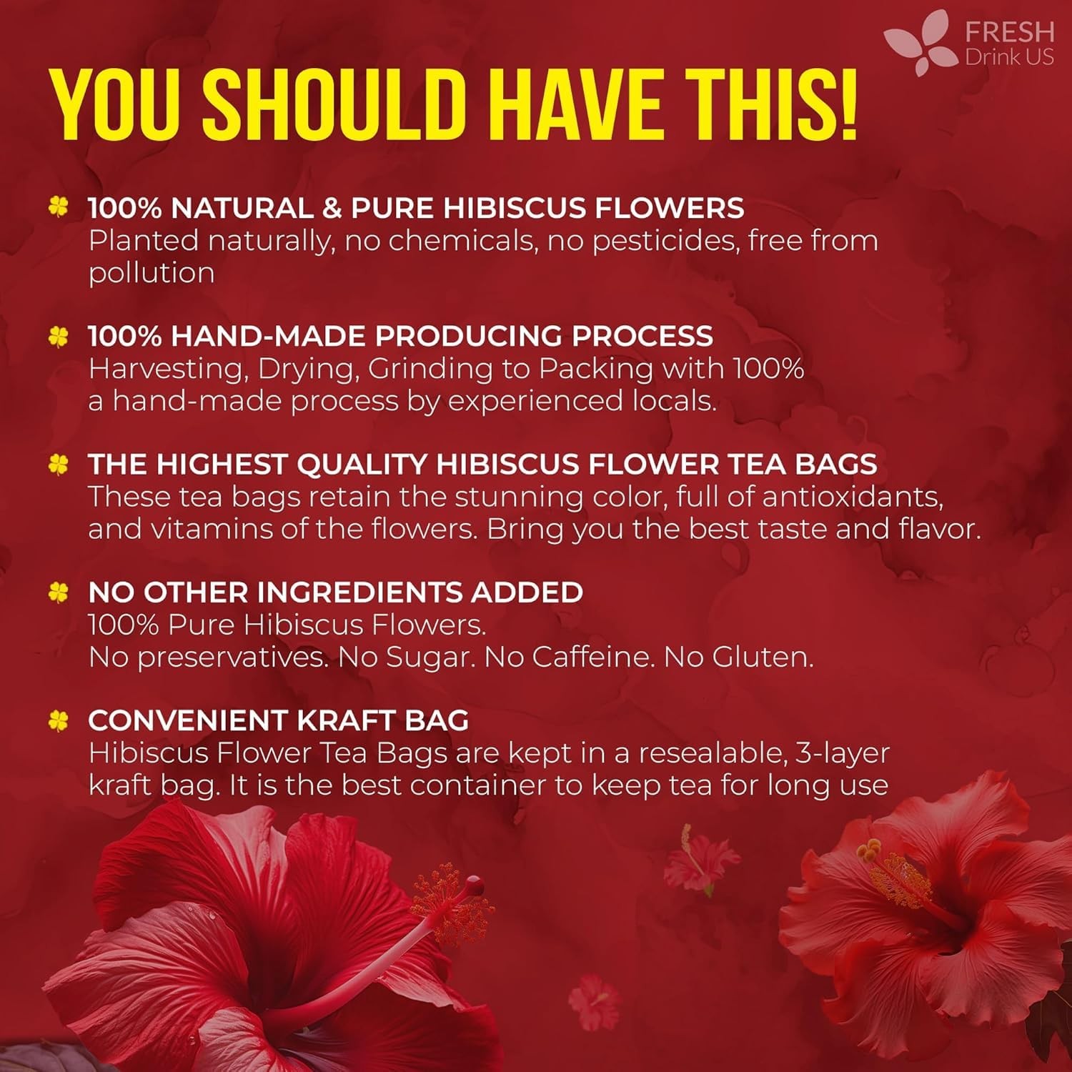 FRESHDRINKUS 140 Hibiscus Flowers Tea Bags, 100% Natural, Pure 140 Bags