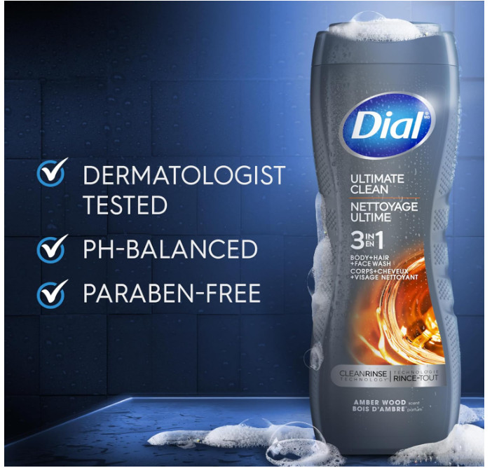 Dial Men 3 in 1 Body, Hair and Face Wash, Ultimate Clean, 16 Fl Oz, Pack of 4, A