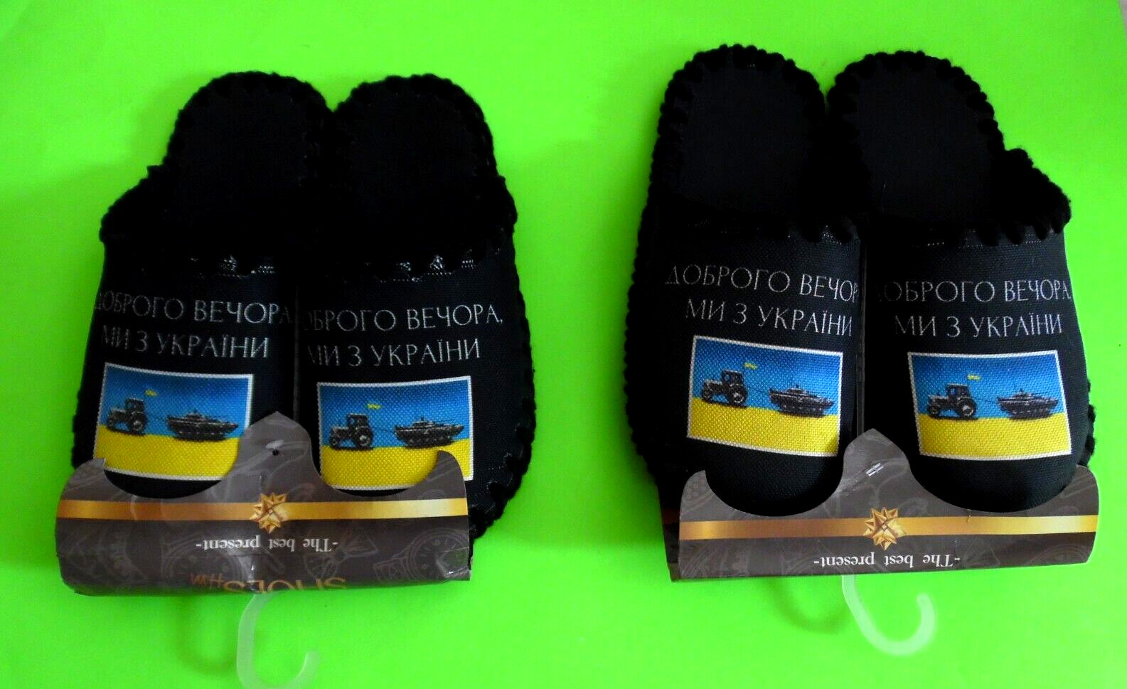 Slippers – Hand Made in Ukraine – Farmer Pulling Russian Tank (2 Pairs) (NEW)