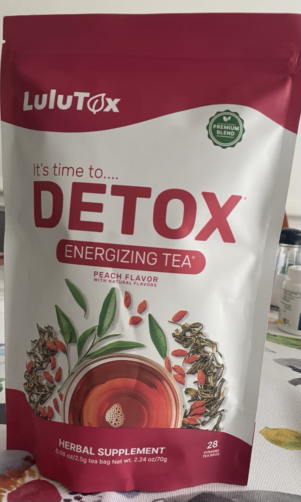 LuluTox Detox Energizing Tea Peach Flavor, Vegan Gluten-Free, 28 Tea Bags
