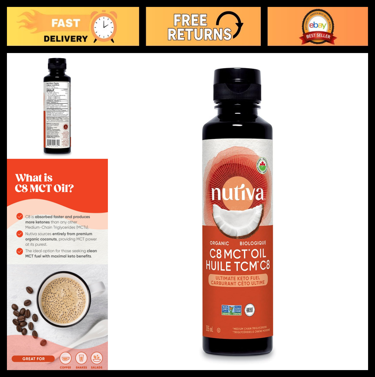Organic Liquid MCT Oil C8 – Unflavored – Ideal for Coffee, Shakes, Salads – Vega