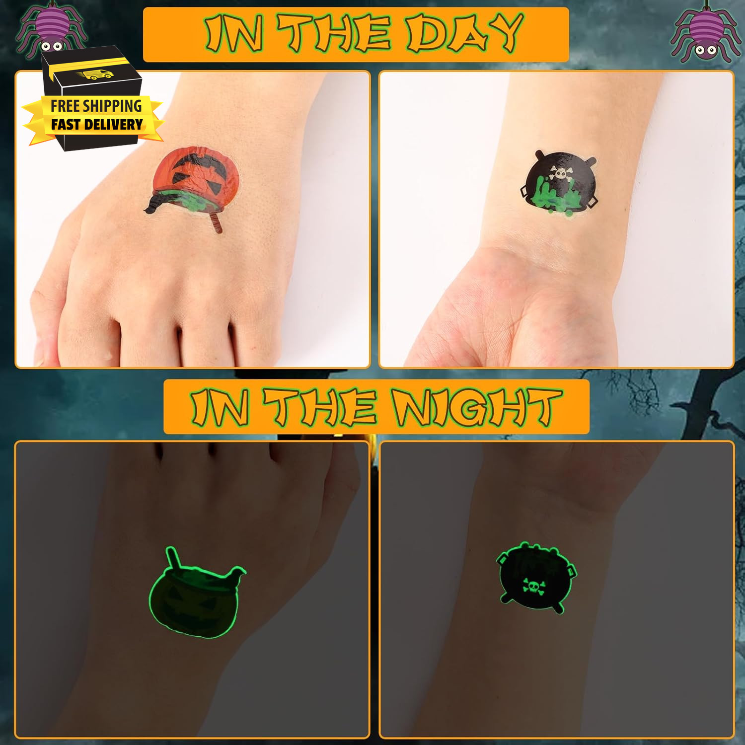 Halloween Temporary Tattoos for Kids, 180 Pcs 1.6 Inch Glow in Dark Bulk Tattoos