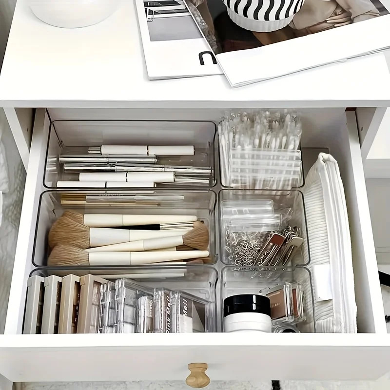 Clear Makeup Organizer Set of 7, Stackable Drawer Dividers for Cosmetics & Desk