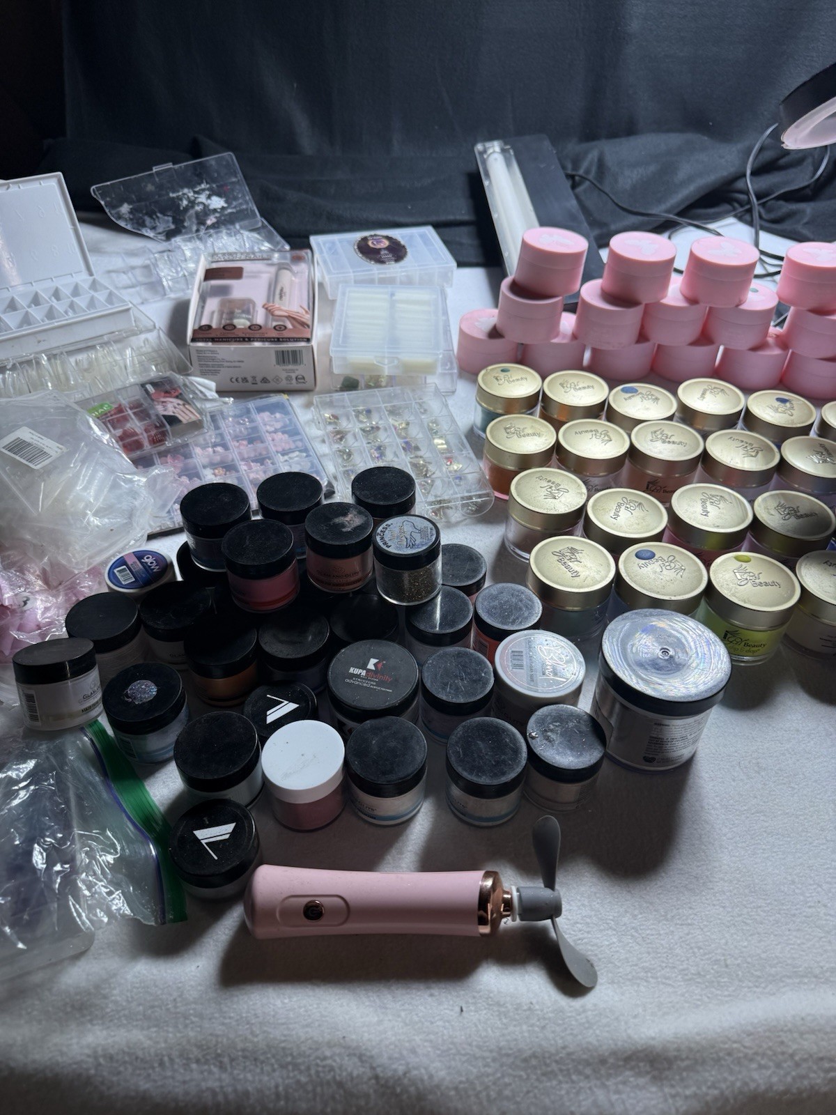 Huge Nail Supply Lot Acrylic Powders Nail Art Charms Tips Organizer Tech Bundle