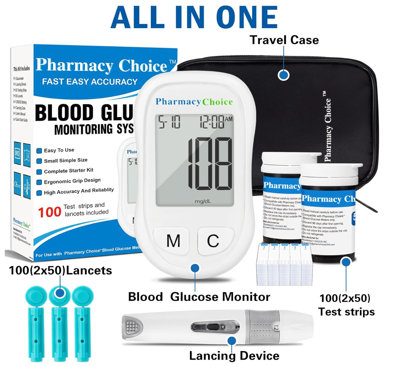 Diabetes Test Kit Blood Sugar Glucose Monitor Meter 100 Pcs Strip Tester Machine