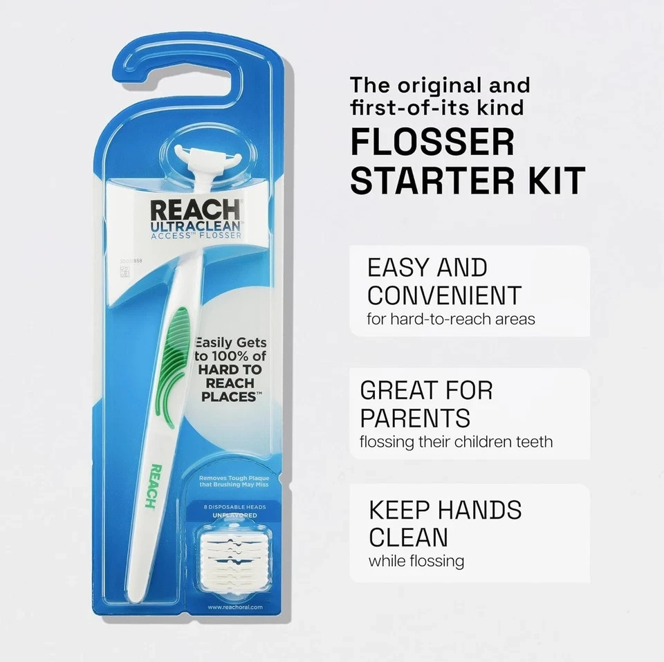 REACH Ultraclean Access Flosser Starter Kit, Unflavored, Plaque Remover for Teet