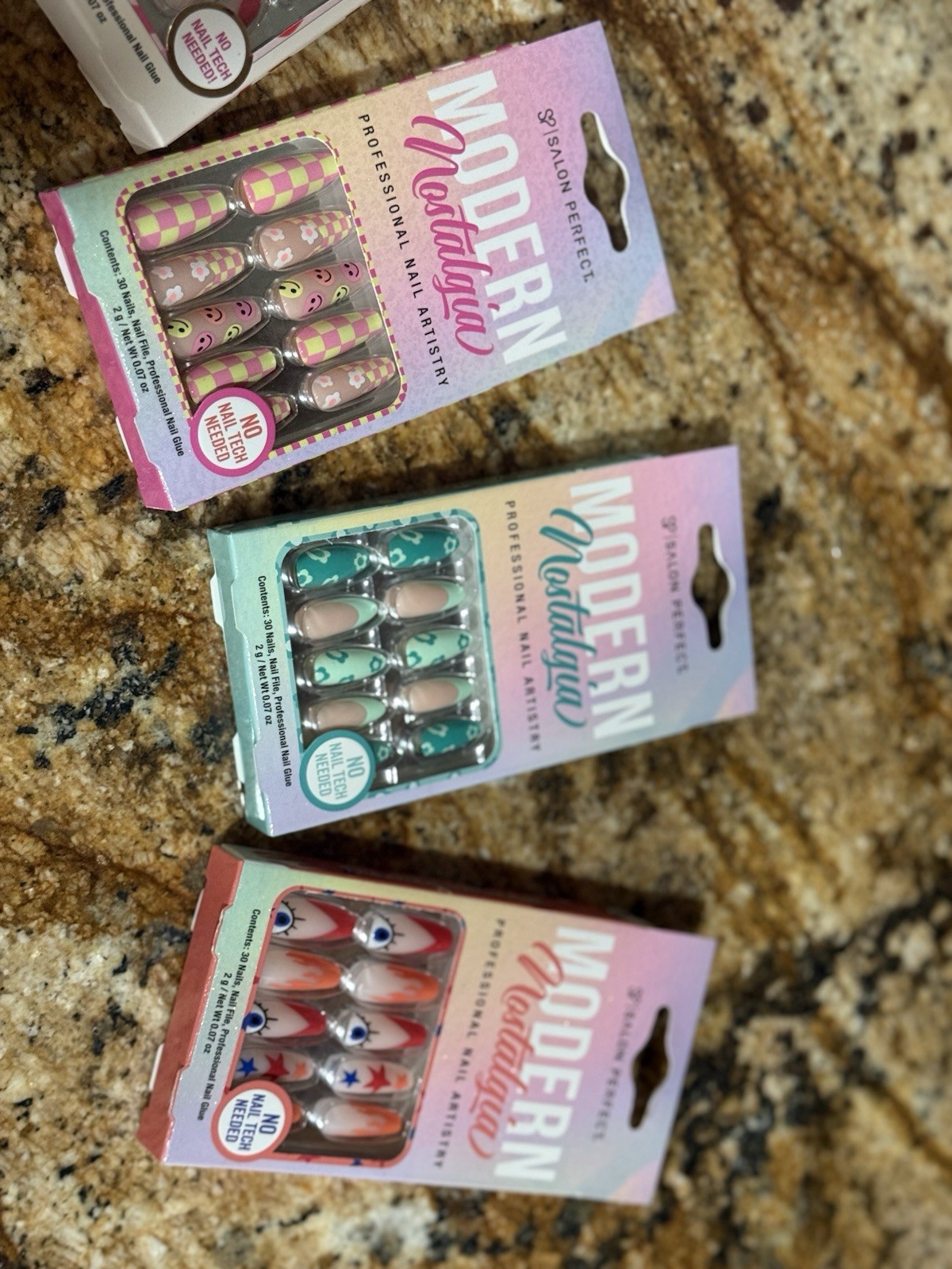 Salon Perfect Pre-Designed Press-On Nails Lot, Multicolor Metallic, Glue