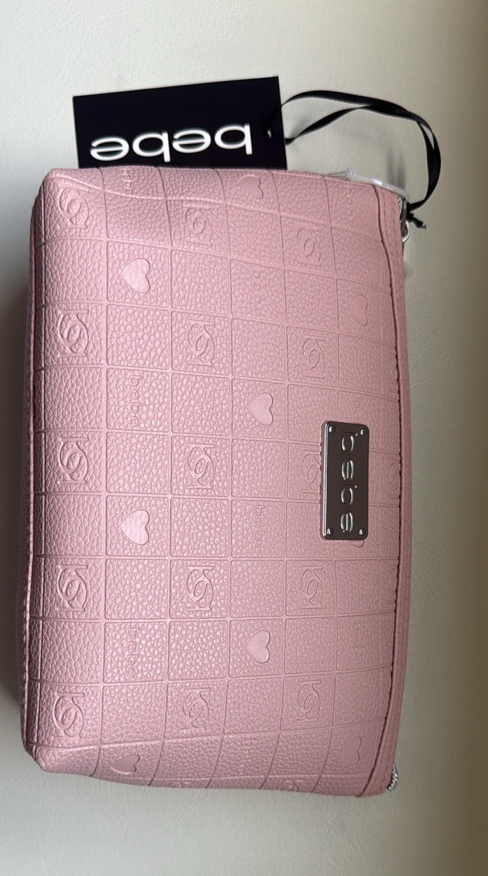 BEBE CORAL Pink Large Travel Cosmetic Bag w/ LOGO 2 Bottles ONE Compartment BNWT