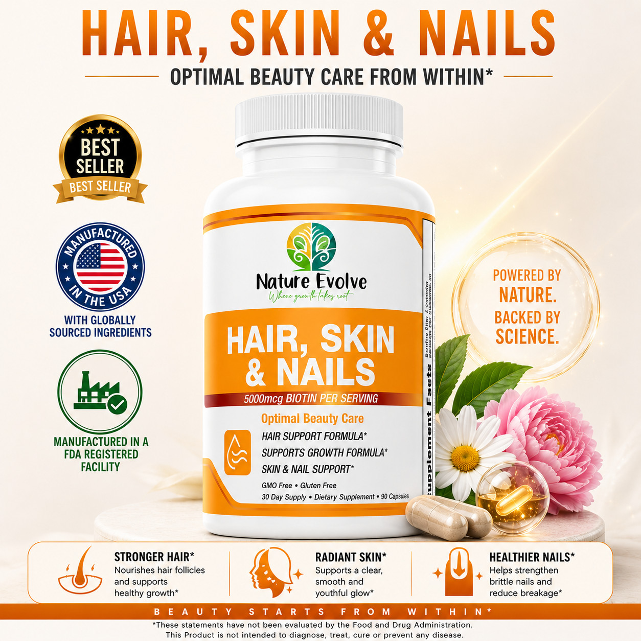 Nature Evolve Hair, Skin & Nails – 5000 mcg Biotin Beauty Formula – 90 Capsules