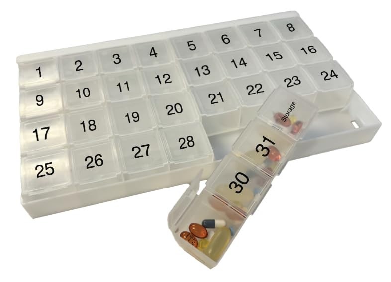 XL Monthly Pill Organizer 31 Compartments, 4 Week Planner, Tray & 8 Removable Se