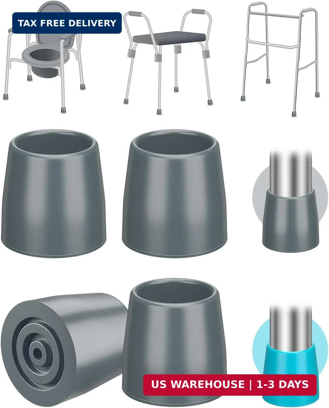Pack of 4 Walker Tips 1 1/8in Rubber Non-Slip Replacement Feet w/ Metal Washer