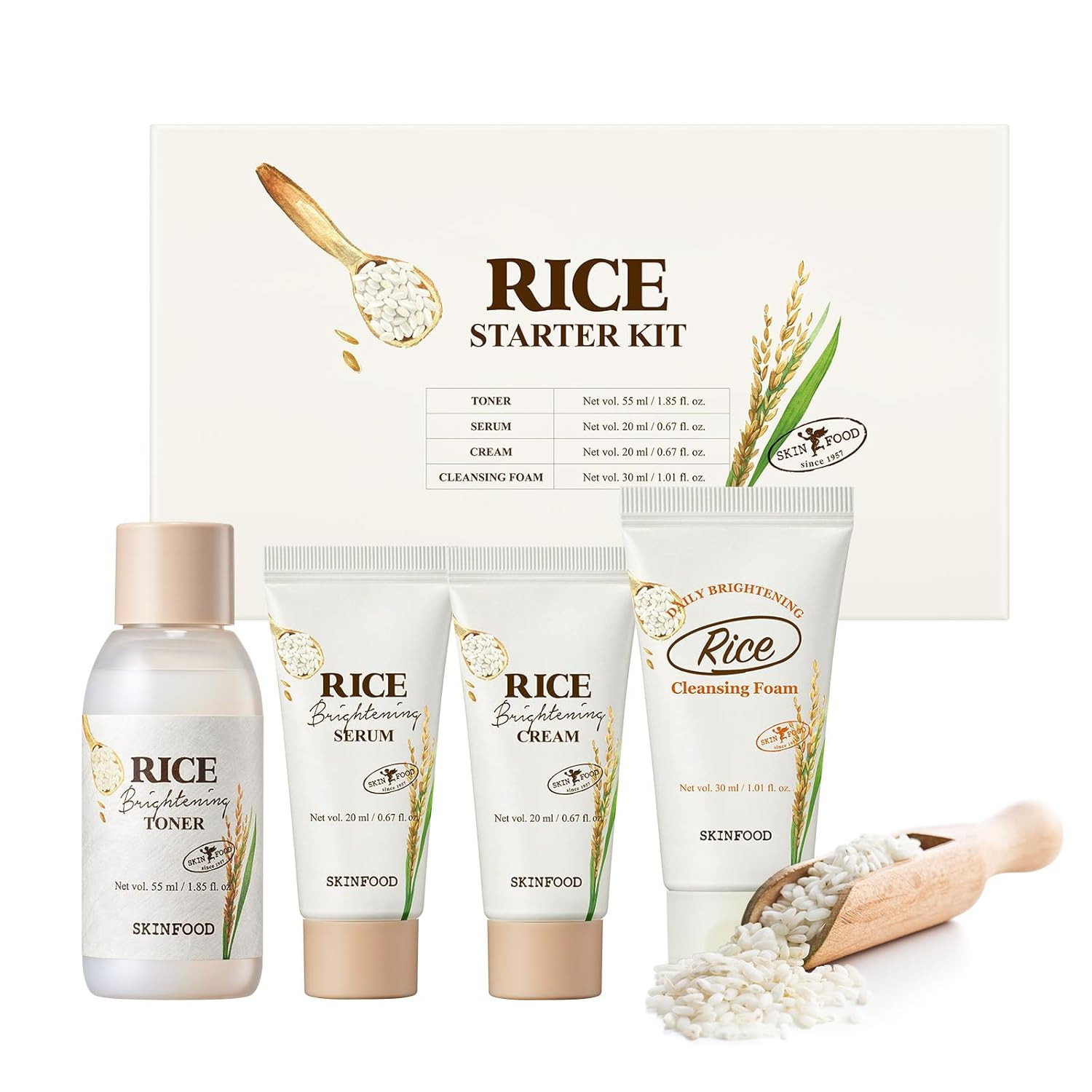 SKINFOOD Rice Starter Kit, Rice Toner, Rice Serum, Rice Moisturizer, and Rice Fa