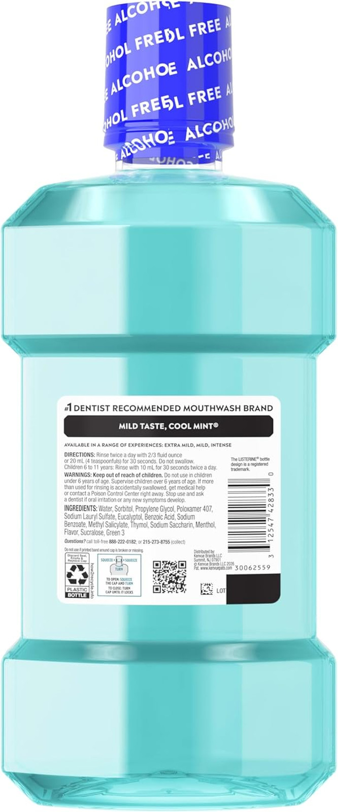 Cool Mint Alcohol-Free Mild Mouthwash, Oral Rinse Kills 99.9% of Germs