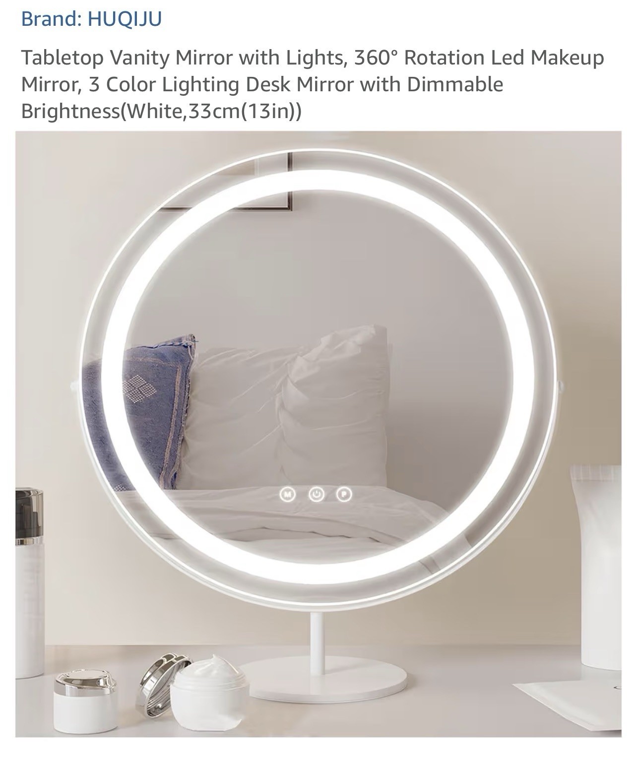 HUQIJU LED Lighted Makeup Mirror 13in White Dimmable Touch 360° Rotating