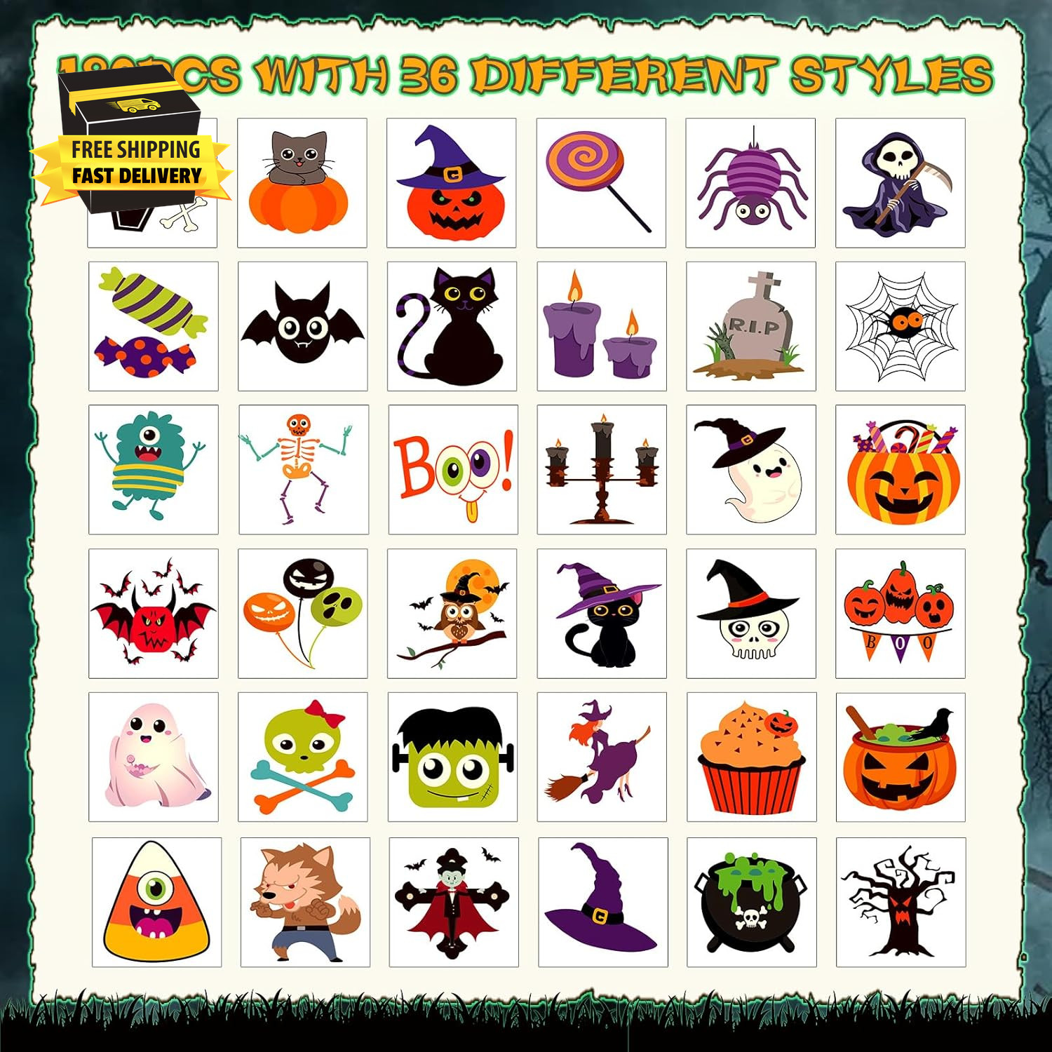 Halloween Temporary Tattoos for Kids, 180 Pcs 1.6 Inch Glow in Dark Bulk Tattoos