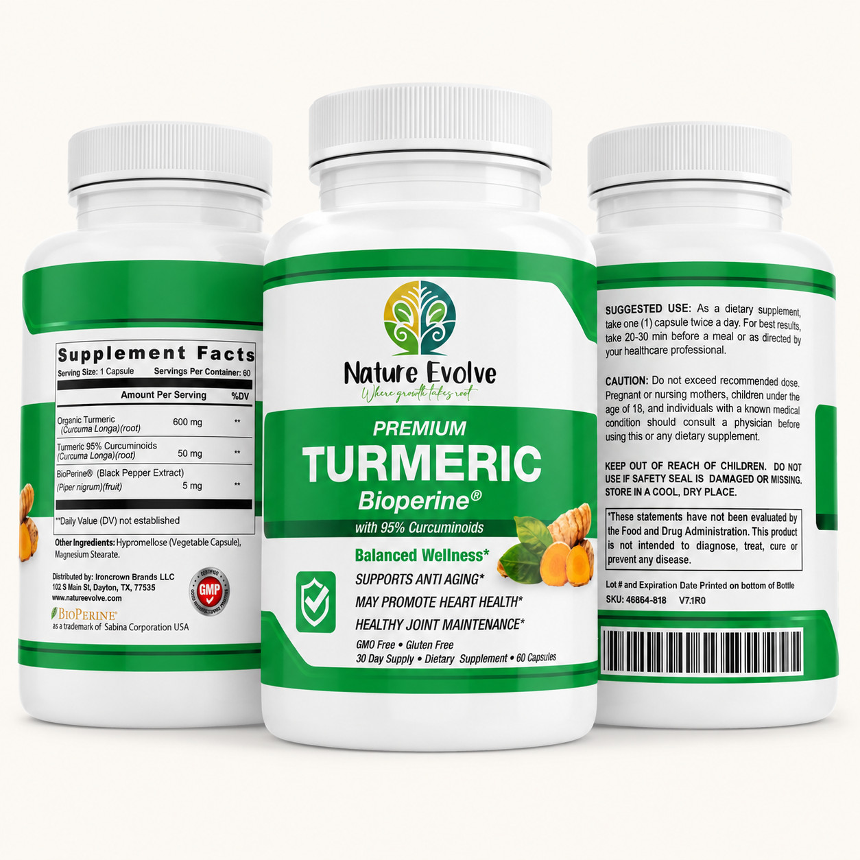 Nature Evolve Premium Turmeric Bioperine® 95% Curcuminoids Joint & Heart 600mg