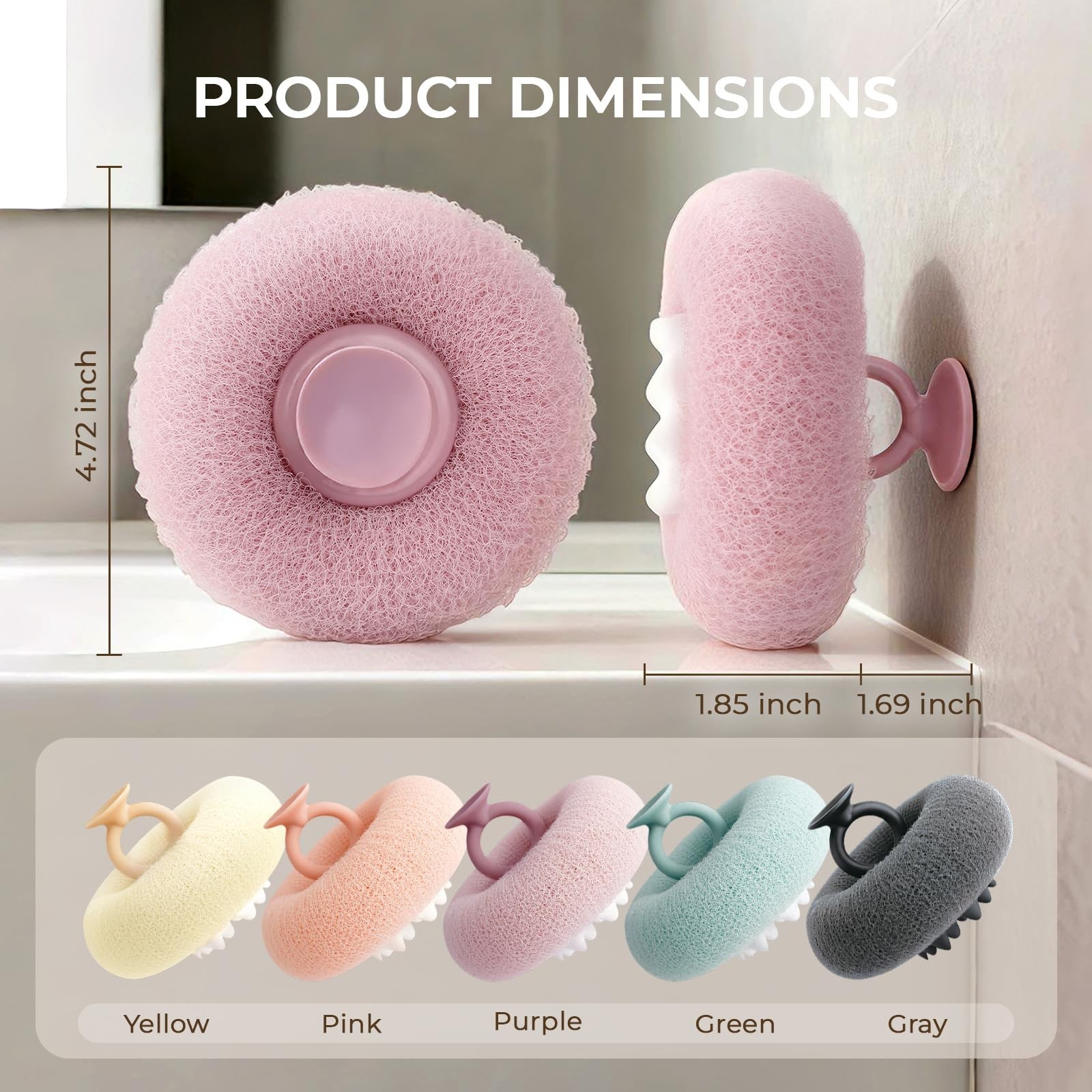 5 Pack Exfoliating Bath Sponges, 2-in-1 Loofah Body Scrubber with Suction Cup, S