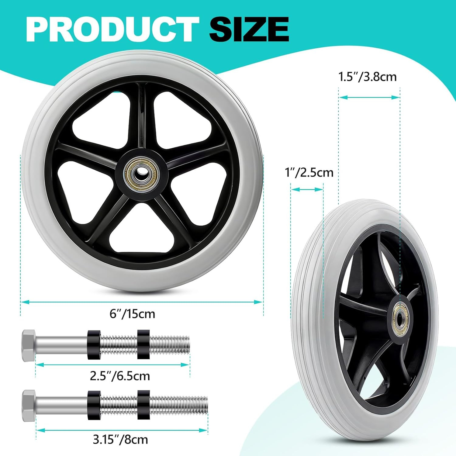 2Pcs 6 Inch Solid Wheelchair Replacement Wheels Rubber Material for Walkers, Rol
