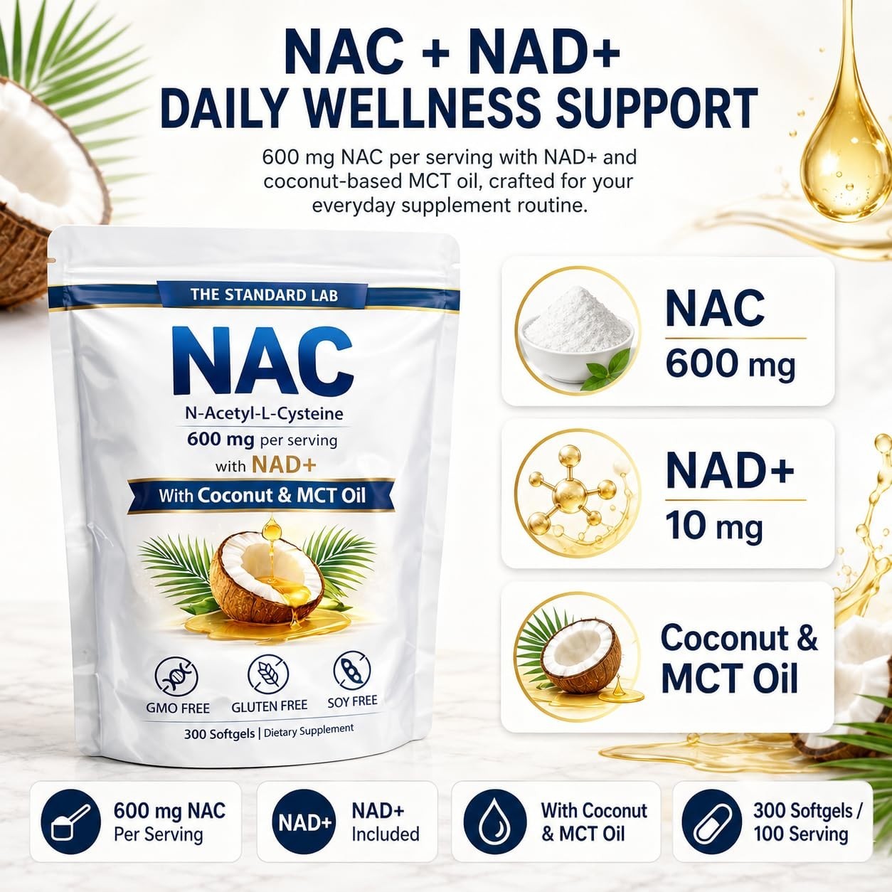 NAC 600mg with NAD+ Daily Complex – 300 Softgels for Immune Support & Energy Boo
