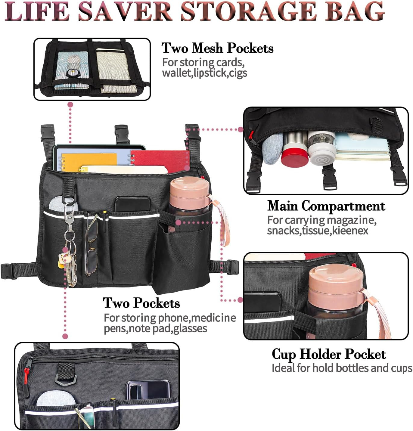 Large Walker Bag with Water Cup Holder,Walker Basket,Foldable Walker Storage Bag