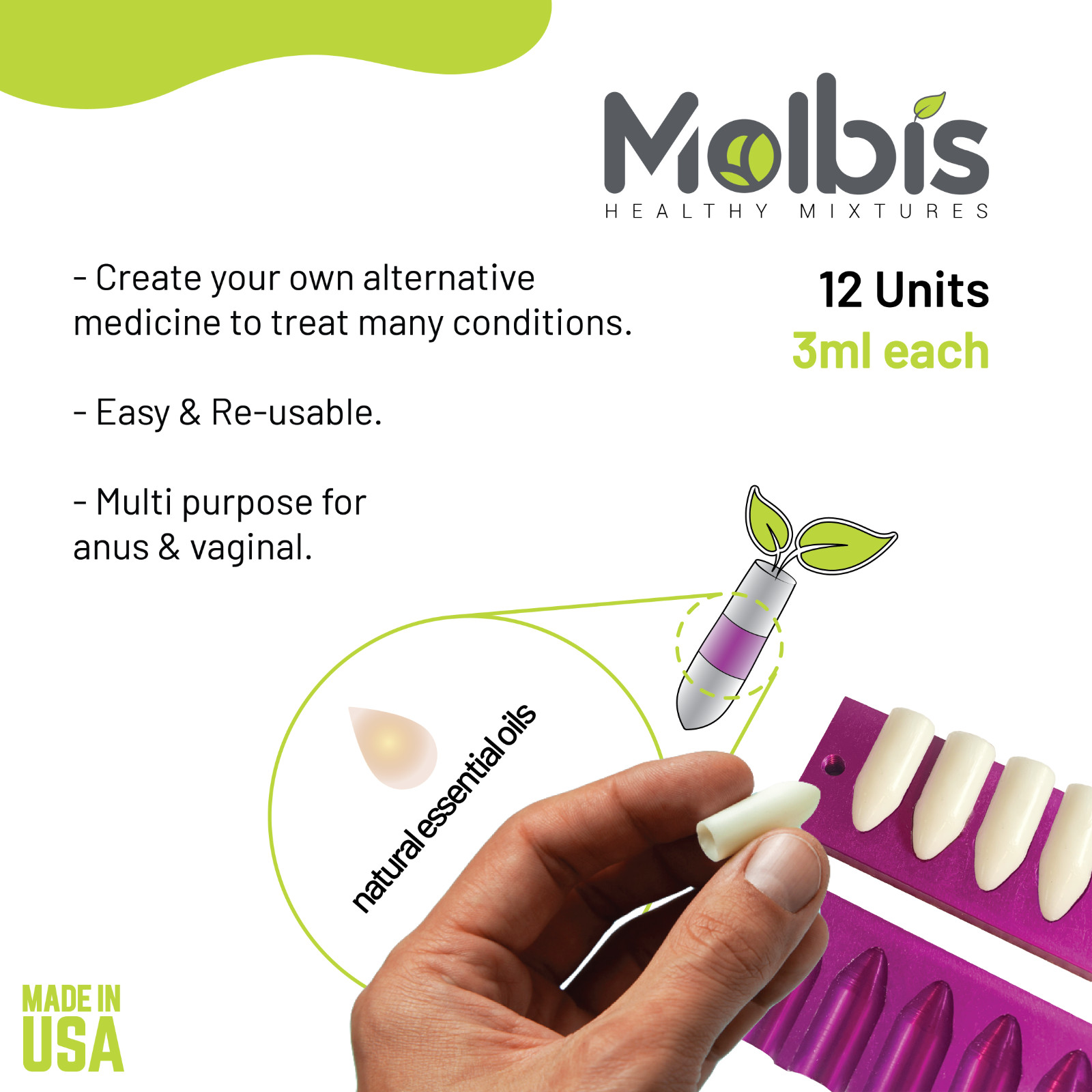 Suppository Mold – 12 Suppositories per unit – Anodized Aluminum