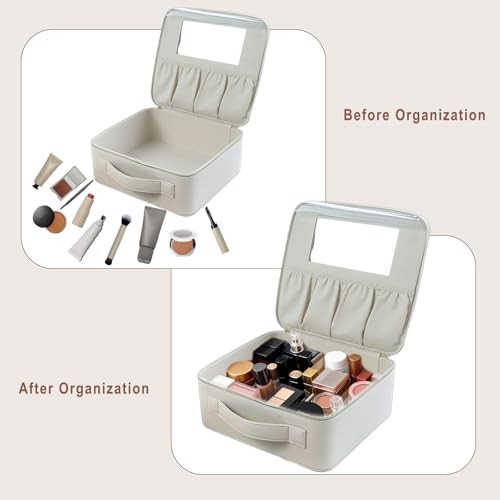 Hard Shell Makeup Brush Bag with Mirror & Dust-Proof Film, Professional Beige