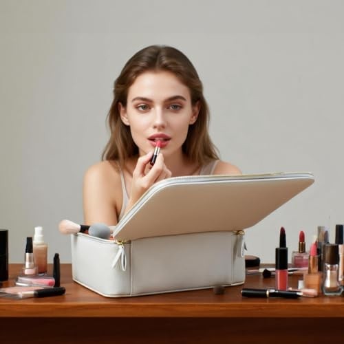 Hard Shell Makeup Brush Bag with Mirror & Dust-Proof Film, Professional Beige