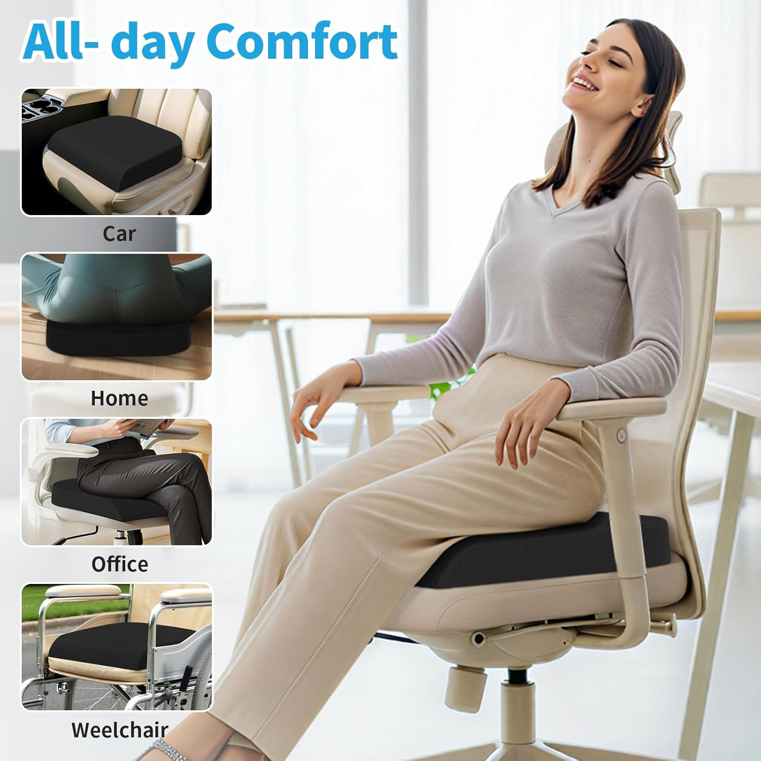 Tranquilrelax Large Seat Cushion, Memory Foam Cushion for Long Sitting Hours on