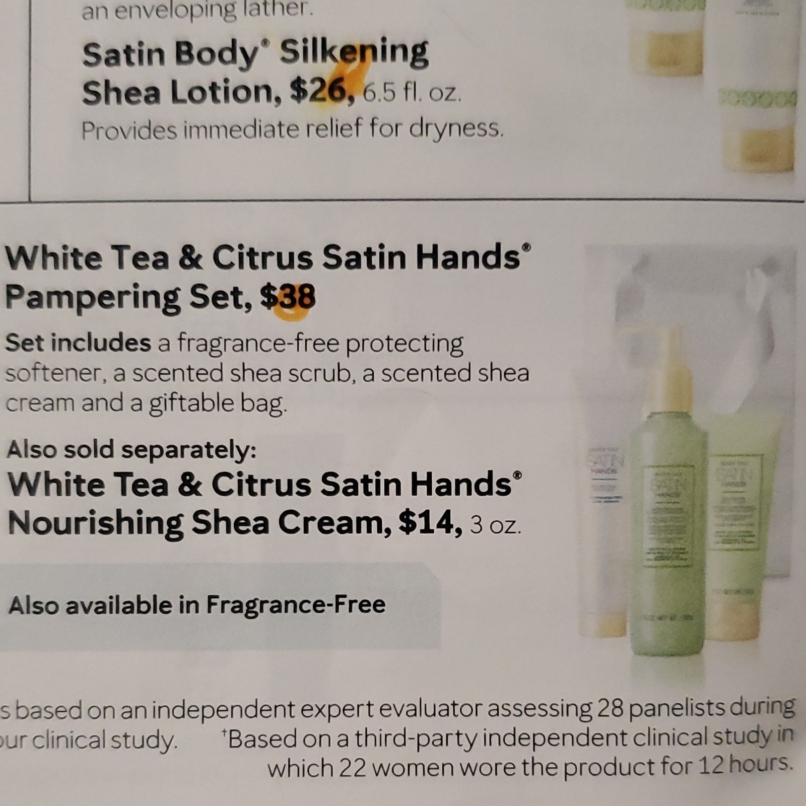 Mary Kay Satin Hands White Tea & Citrus Set Shea Scrub, Cream, Softener, Bag
