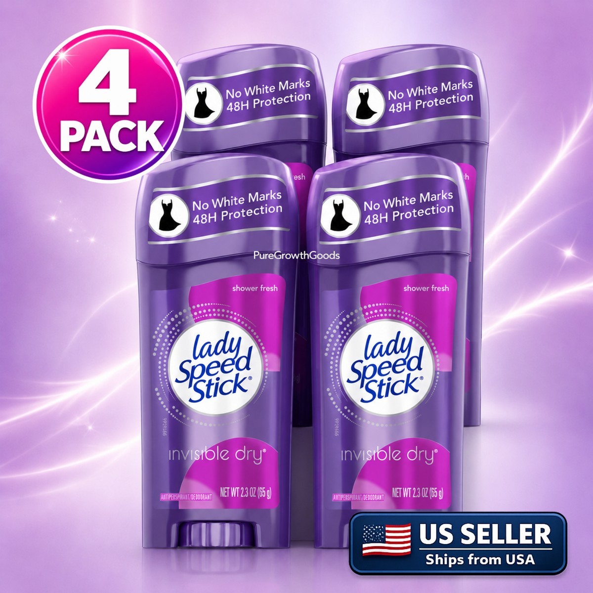 4 Pack – Lady Speed Stick Invisible Dry, Shower Antiperspirant Deodorant, 2.3oz