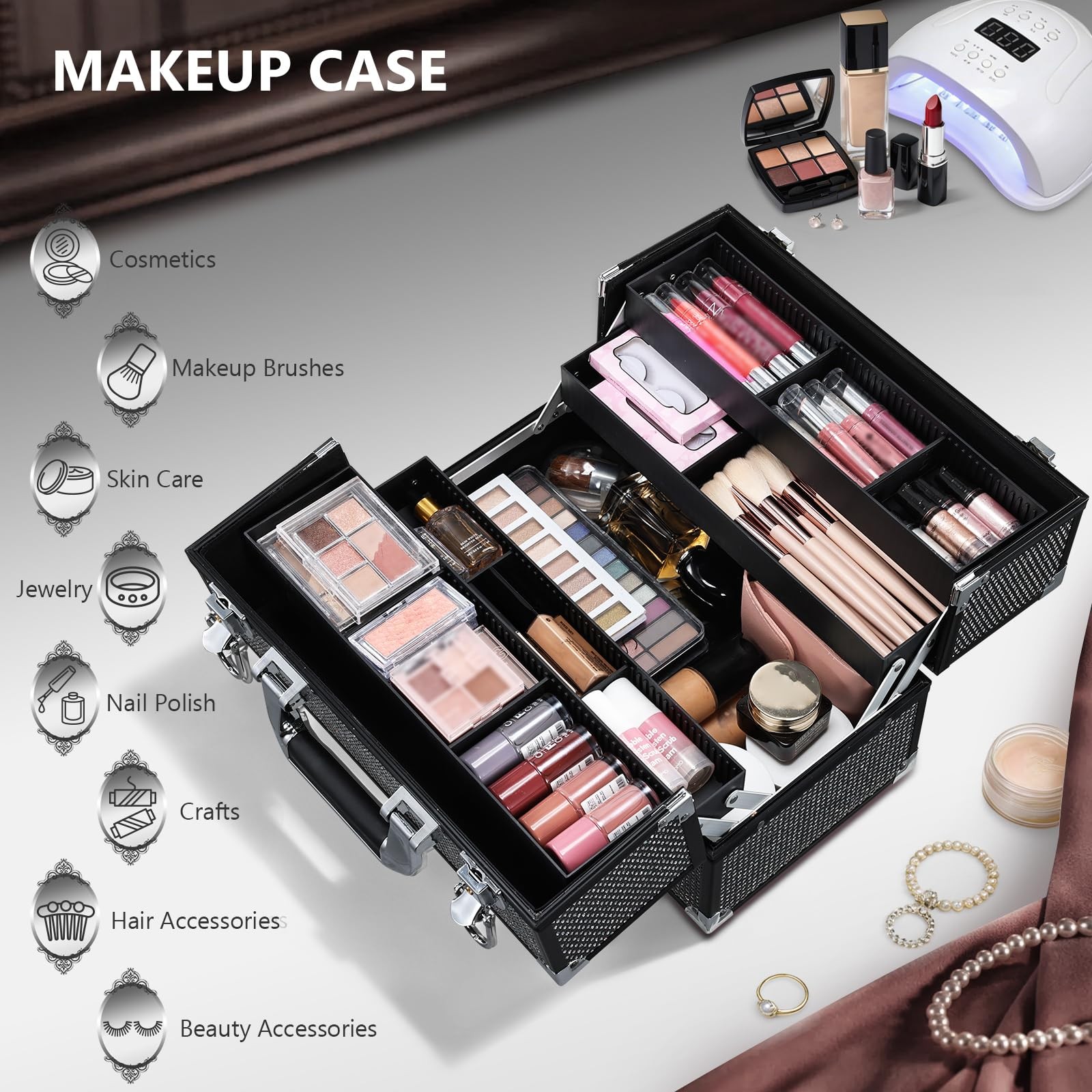 12.6 Inch Black Large Makeup Train Case 4 Trays Lock Adjustable Compartment