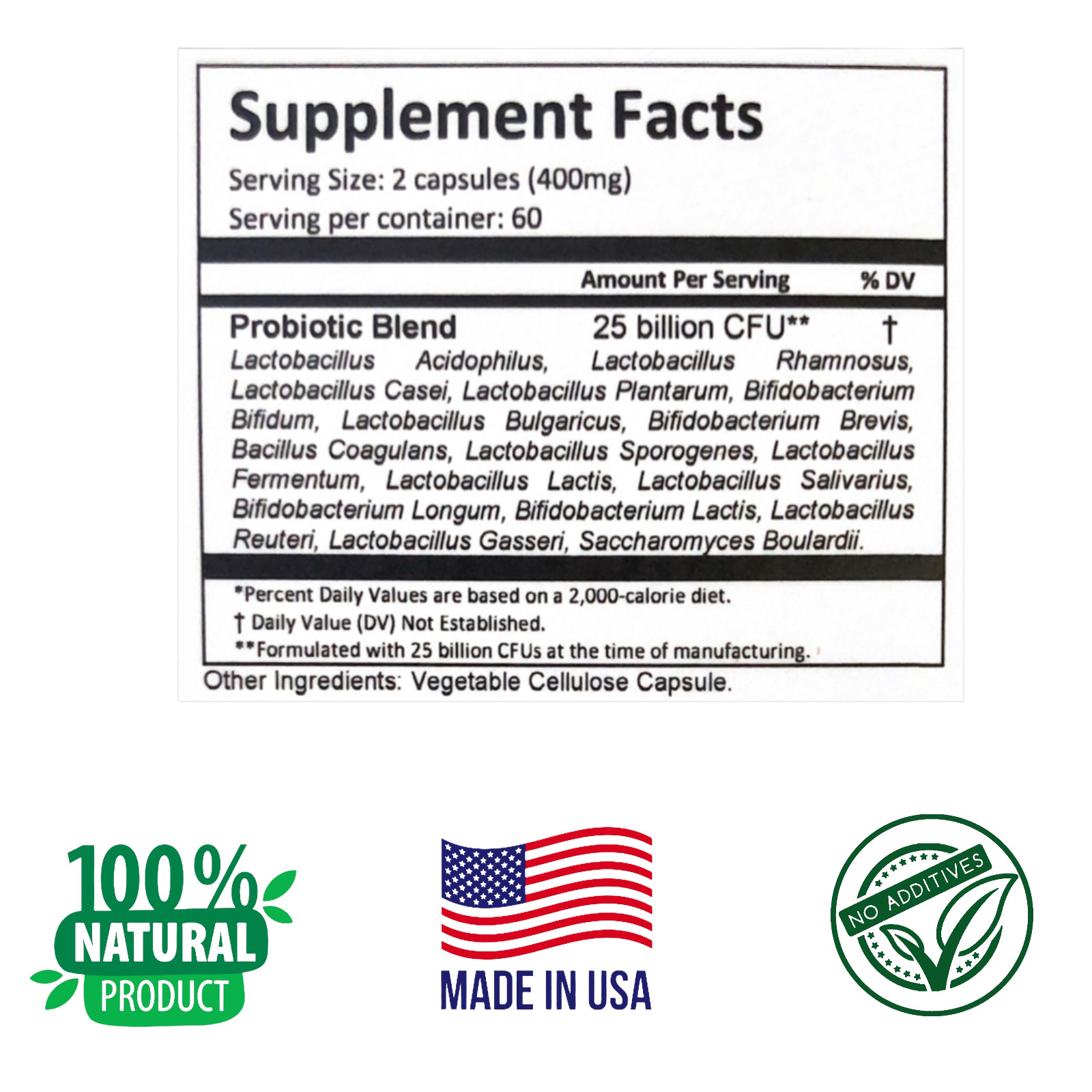 20 BILLION CFU’s PROBIOTICS, LACTOBACILLUS, BIFIDOBACTERIUM, 120 Veg. Caps.