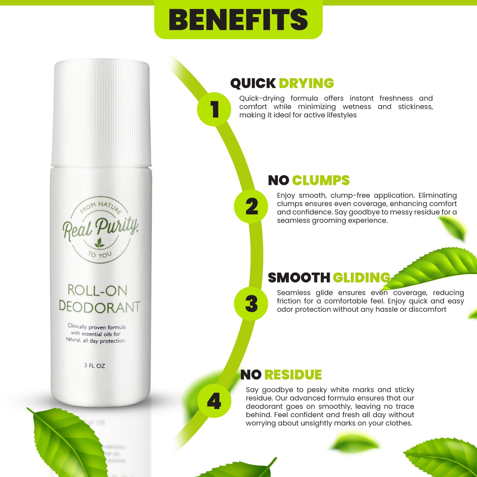 Real Purity Roll-On Natural Deodorant 3 Fl Oz (Pack of 1), No Color