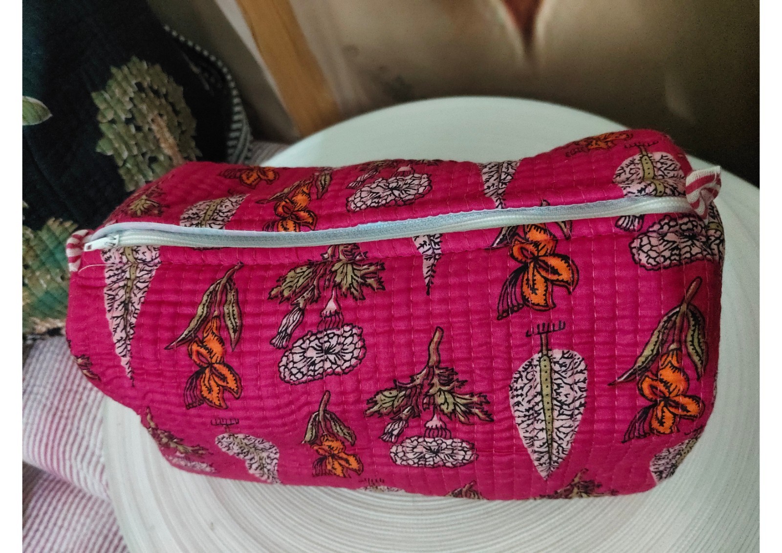 Hand-Block Printed Floral Cotton Makeup Bag Set | Autumn Leaf Toiletry Organizer
