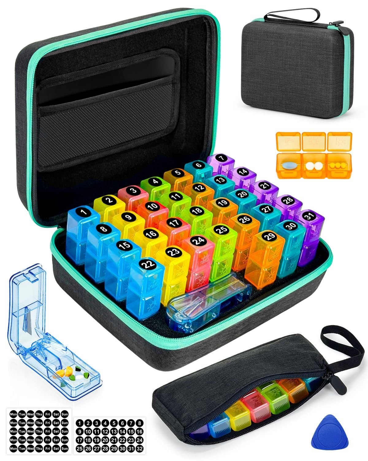 31-Day Pill Organizer with Cutter & Stickers, 3x Daily Medication Management, Po