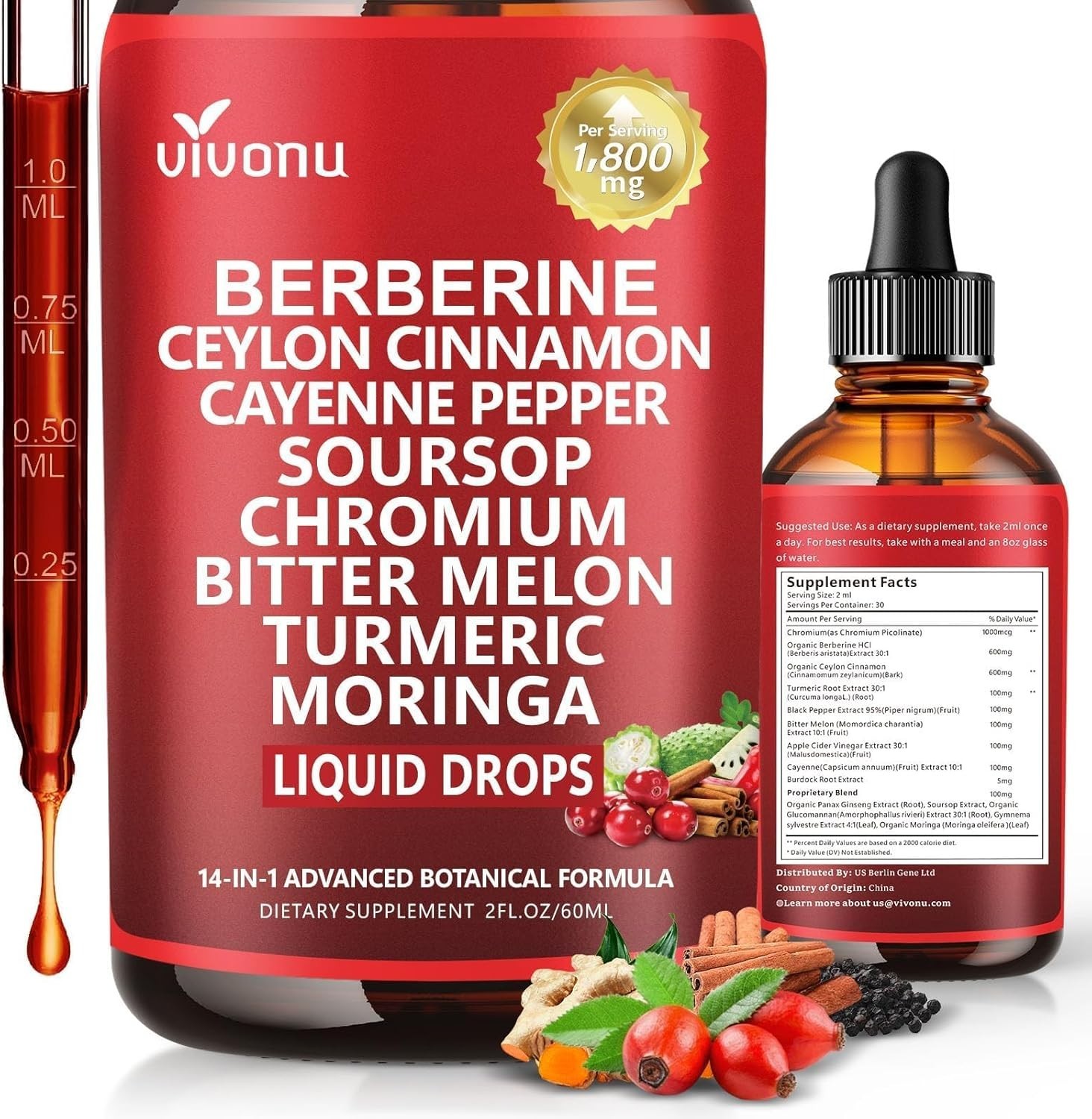 14-in-1 Berberine Liquid Drops 1800mg Liposomal Ceylon Cinnamon