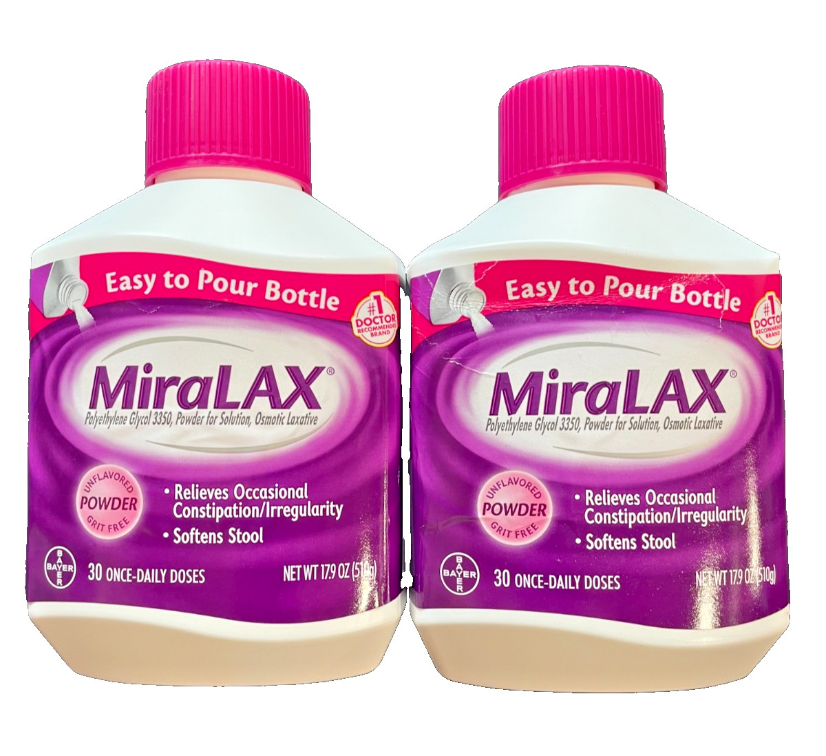 Miralax Powder 60 Daily Doses – 17.9 Oz Each – 30 Doses Each – 2 PACK