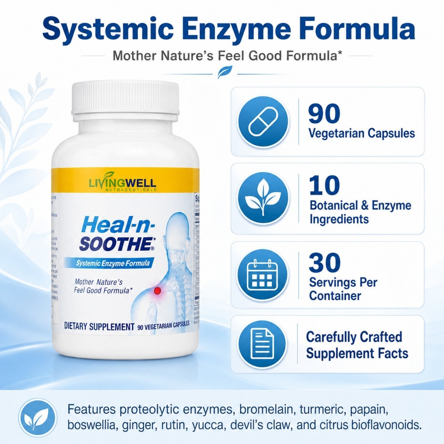 LivingWell Heal-n-Soothe Enzyme Formula 90 Capsules Joint Support 5 Pack