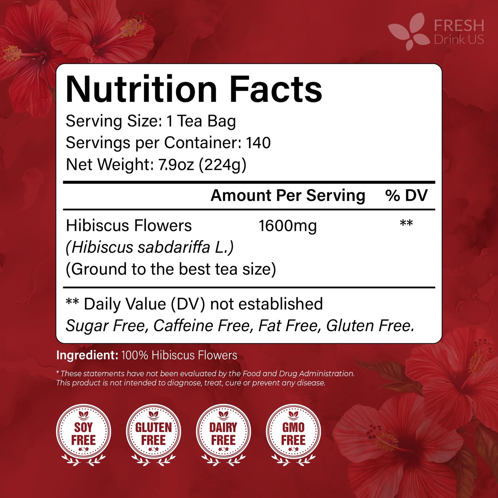 FRESHDRINKUS 140 Hibiscus Flowers Tea Bags, 100% Natural, Pure 140 Bags